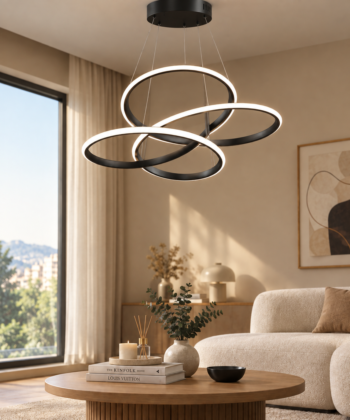 Plafonnier LED La Constellation de Lumoss, trois anneaux entrelacés chromés, 41 cm